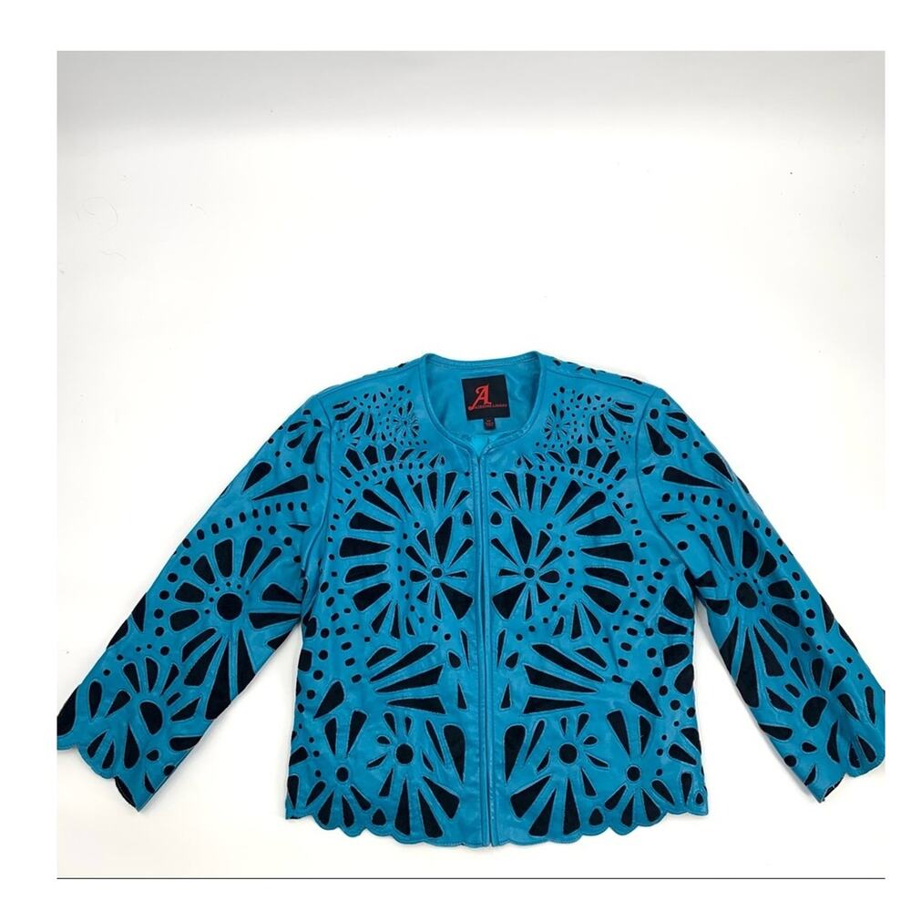 Adrienne Landeau Faux Leather TurquoiseLaser Cut Out Whimsigoth Jacket XS